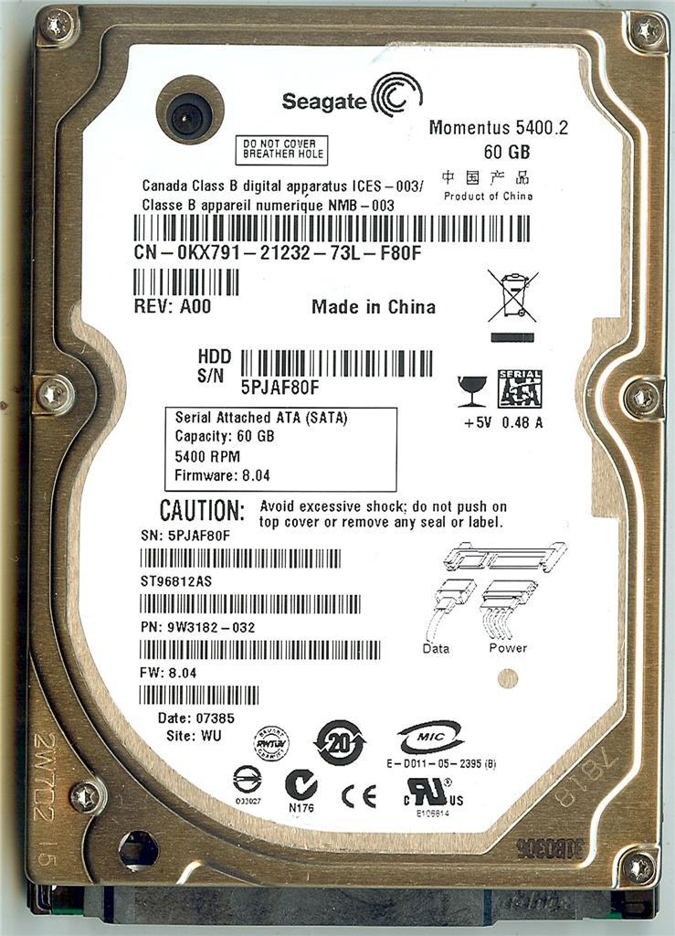 SEAGATE MOMENTUS ST96812AS 60GB SATA HARD DRIVE P/N: 9W3182-032 FW: 8.04