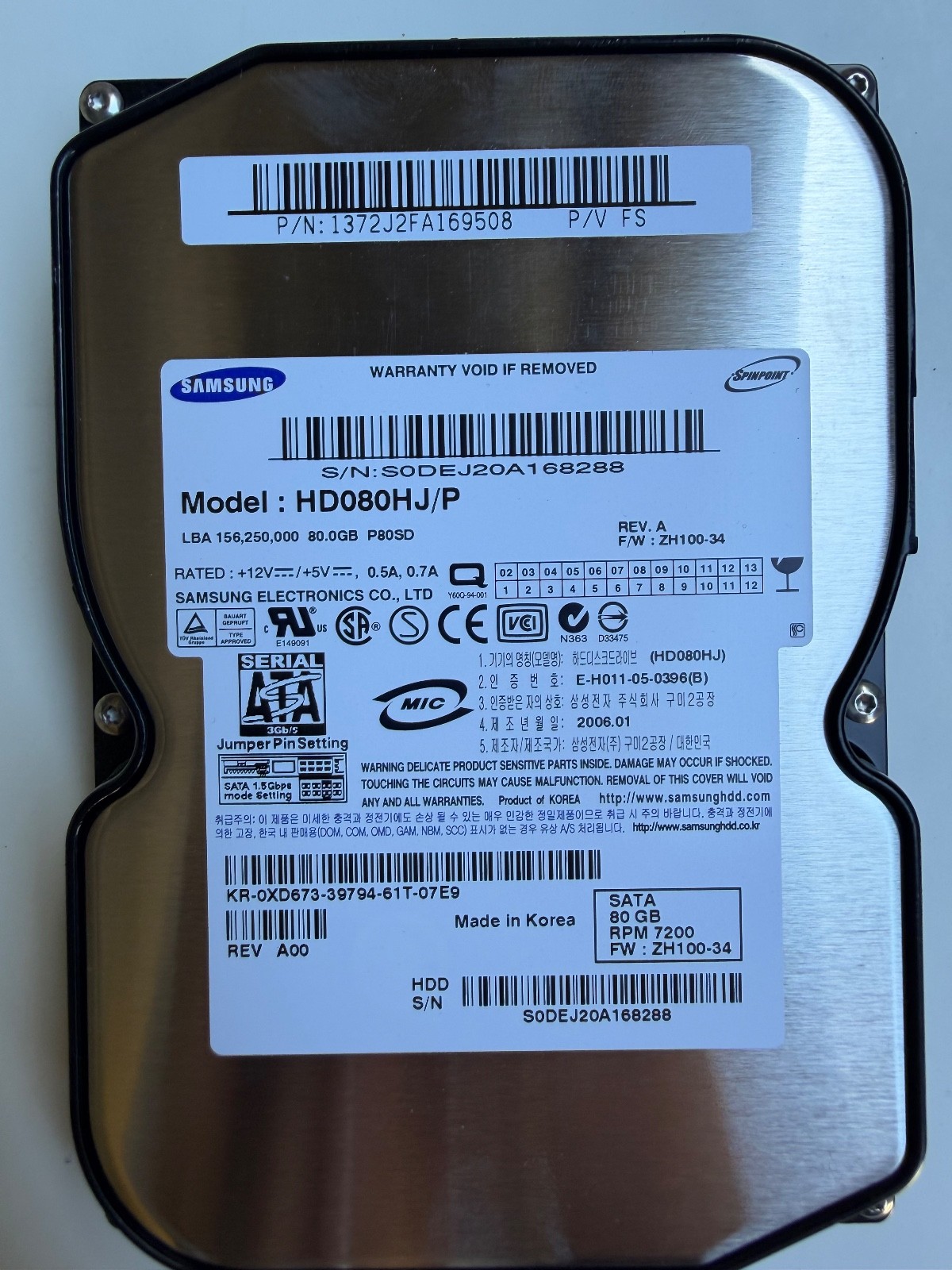 Samsung SpinPoint HD080HJ/P 80GB 7200RPM 3.5” SATA Hard Drive HDD Untested