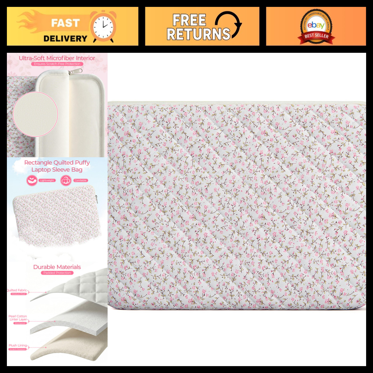 15.6" Aesthetic Quilted Laptop Sleeve - Pink Floral Carrying Case for MacBook &