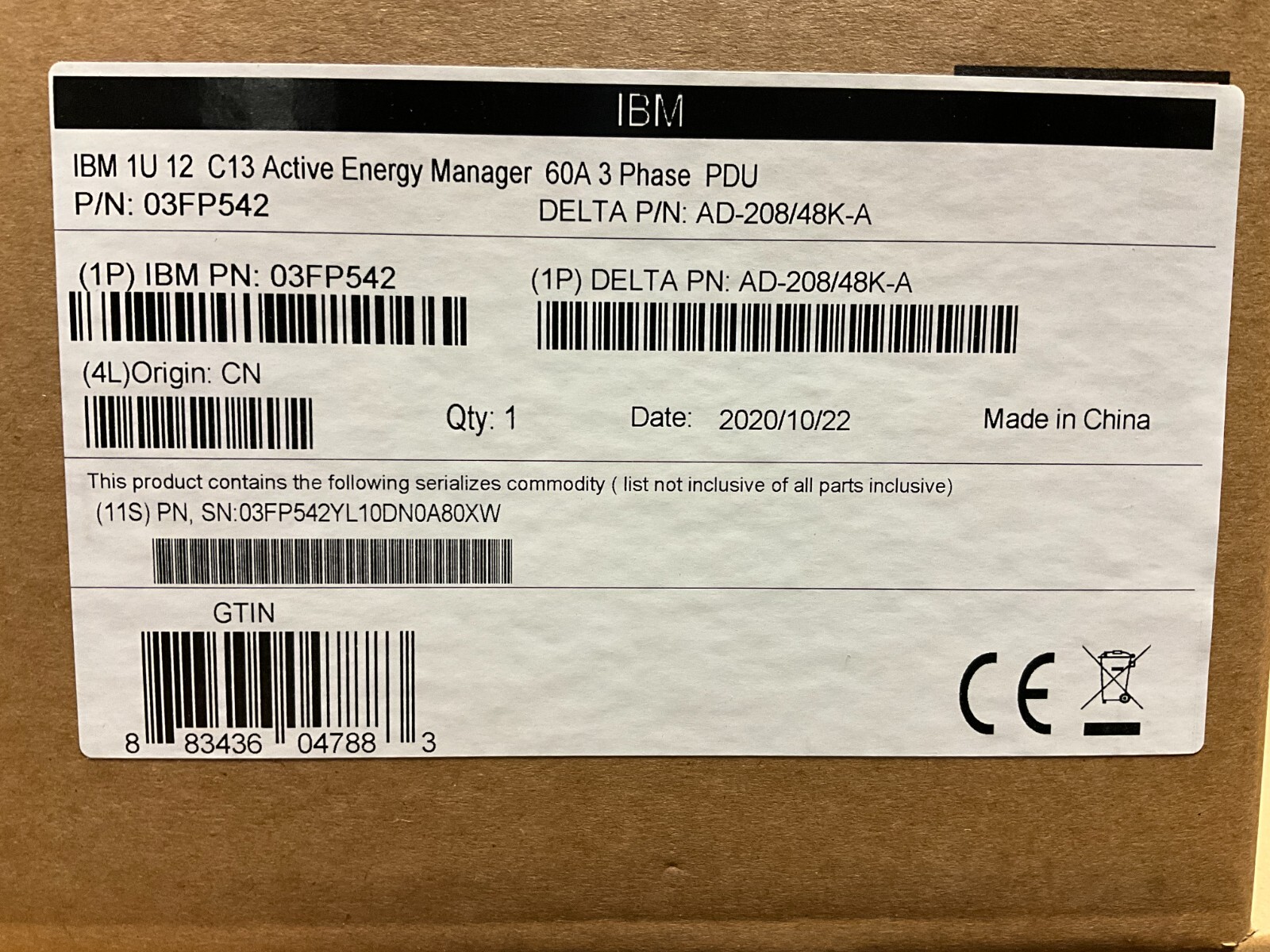 03FP542 IBM 1U 12 C13 ACTIVE ENERGY MANAGER 60A 3 PHASE PDU