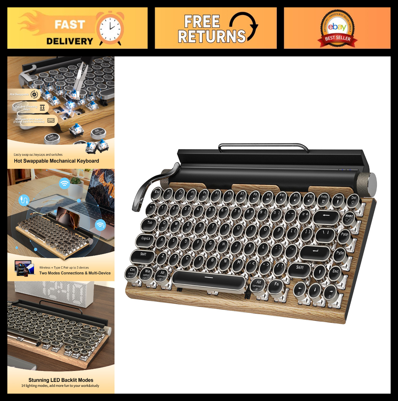 Wireless Retro Mechanical Gaming Keyboard - Bluetooth 5.0, 83-Key, LED Backlight