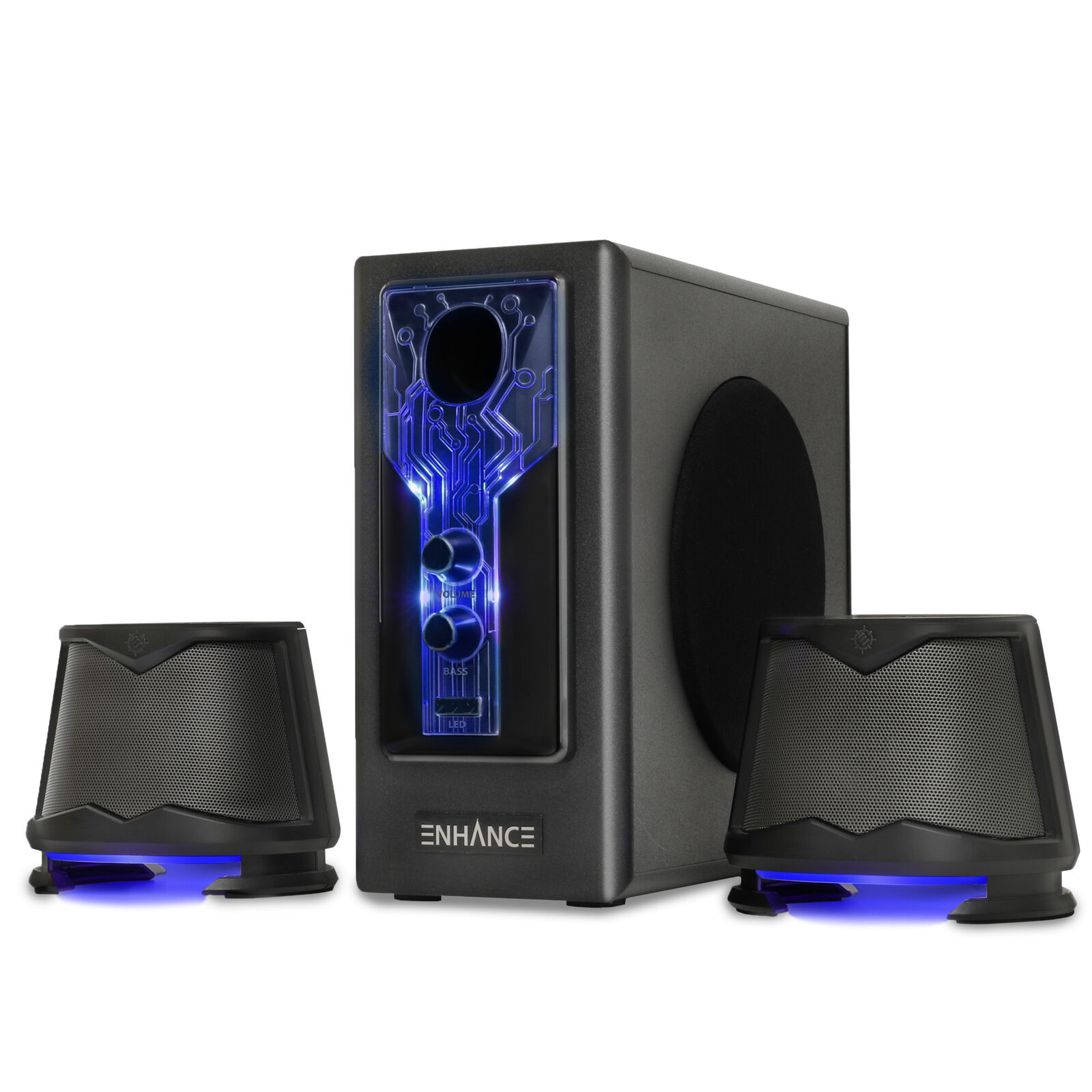 2.1 High Excursion Computer Speakers with Subwoofer - Blue LED Gaming Speakers