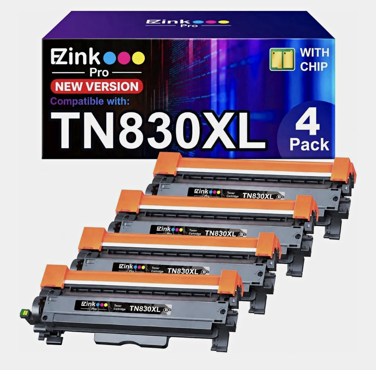EZInk TN830XL Compatible Toner Cartridge w/ Chip 4 Pack Black for Brother