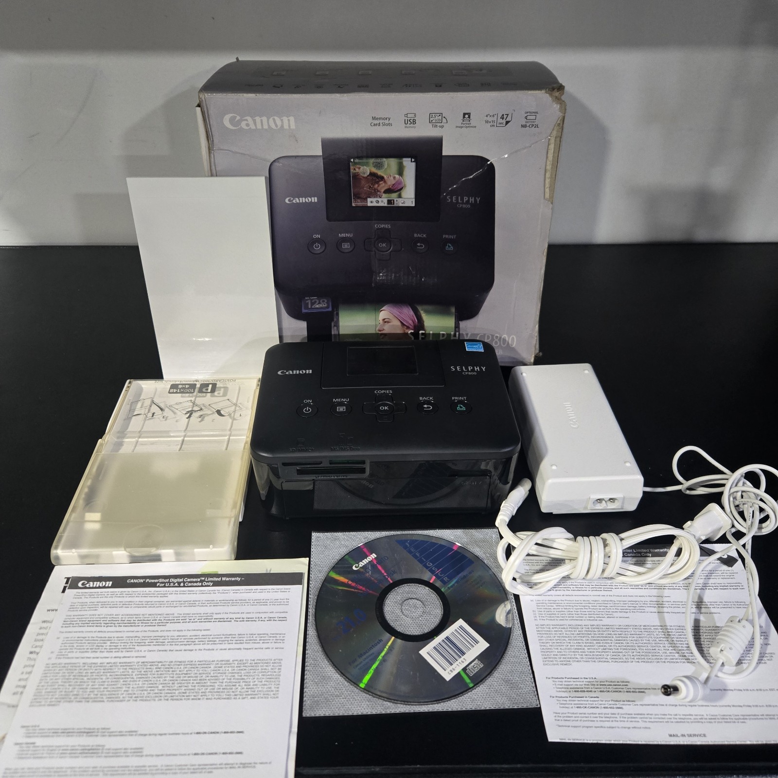USED Canon Selphy CP800 Compact Photo Printer And Acessories Black