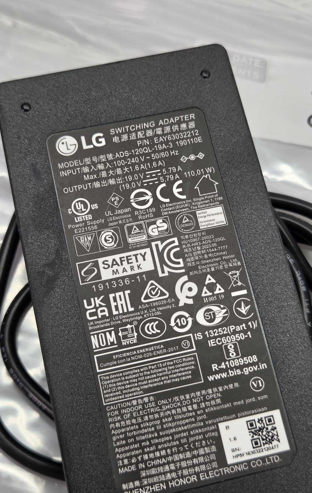 Genuine LG UltraGear 34GN850 LCD Monitor ADS-120QL-19A-3 190110E AC Adapter