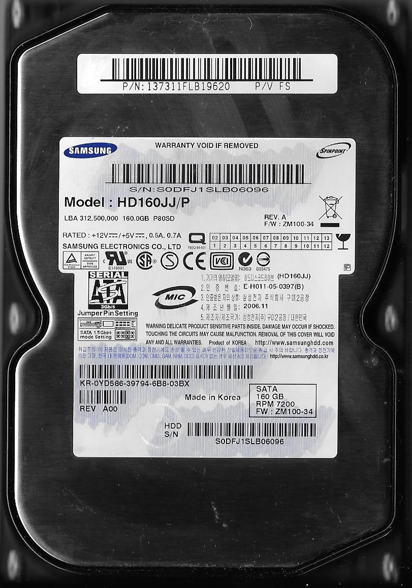 SAMSUNG HD160JJ/P 160GB SATA HARD DRIVE FIRMWARE: ZM100-34  P/V: FS