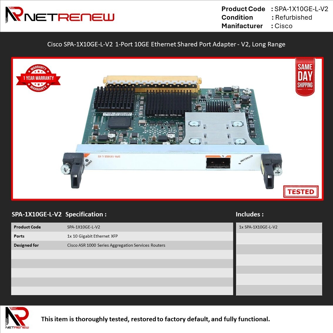Cisco SPA-1X10GE-L-V2 1-Port 10GE Ethernet Shared Port Adapter - V2, Long Range
