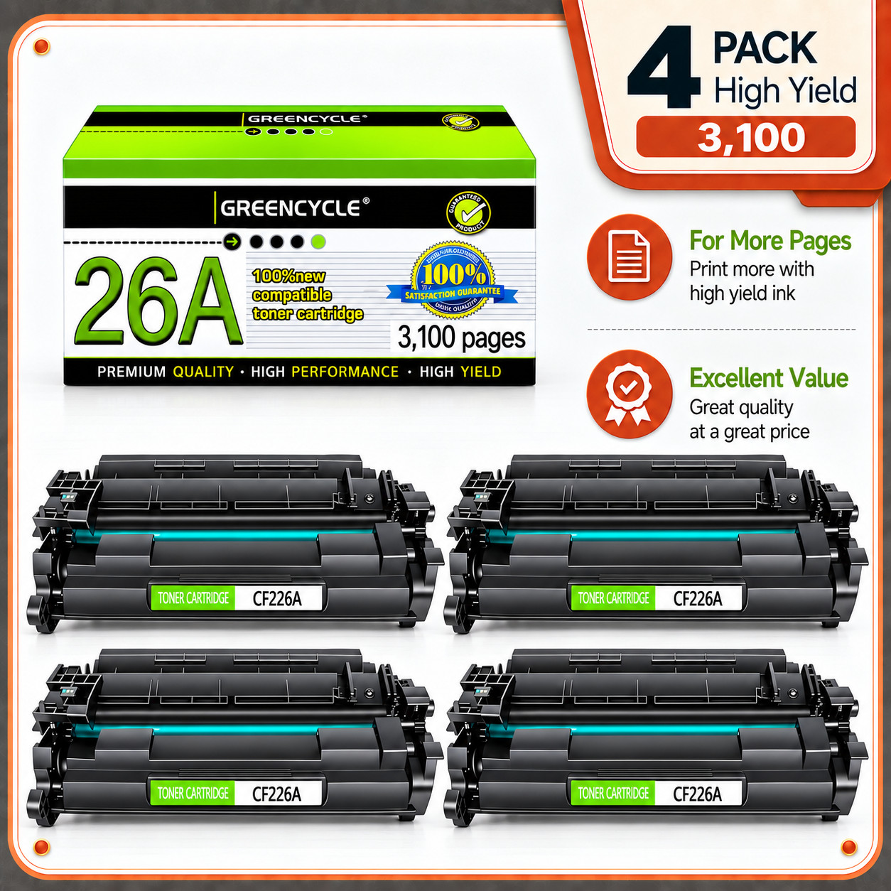 4PK Fits For HP Laserjet M402dw MFP M426fdn CF226A 26A BK Laser Toner Cartridge