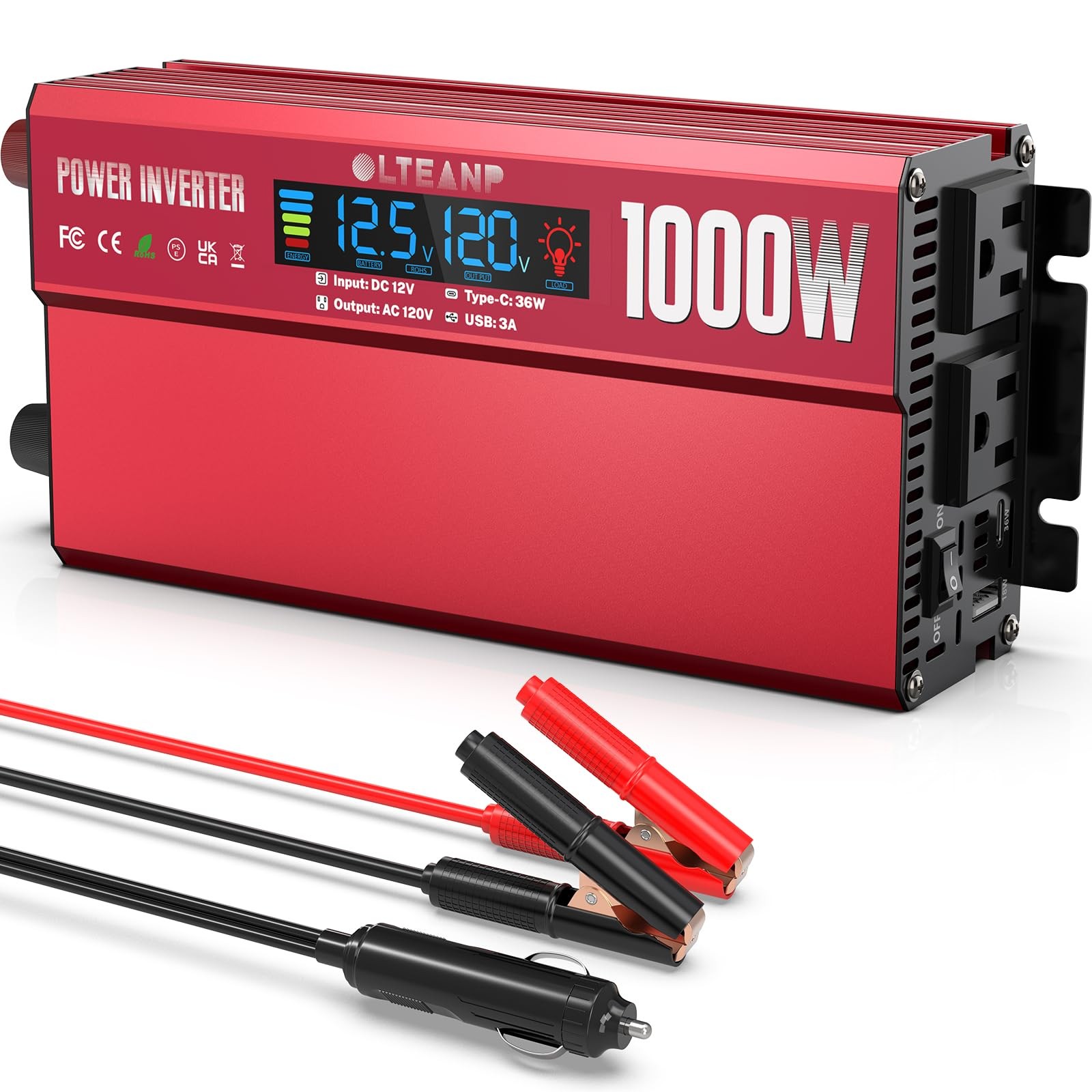 OLTEANP 1000W Power Inverter with LCD Screen Display, 2 AC Outlets, 36W Type-...