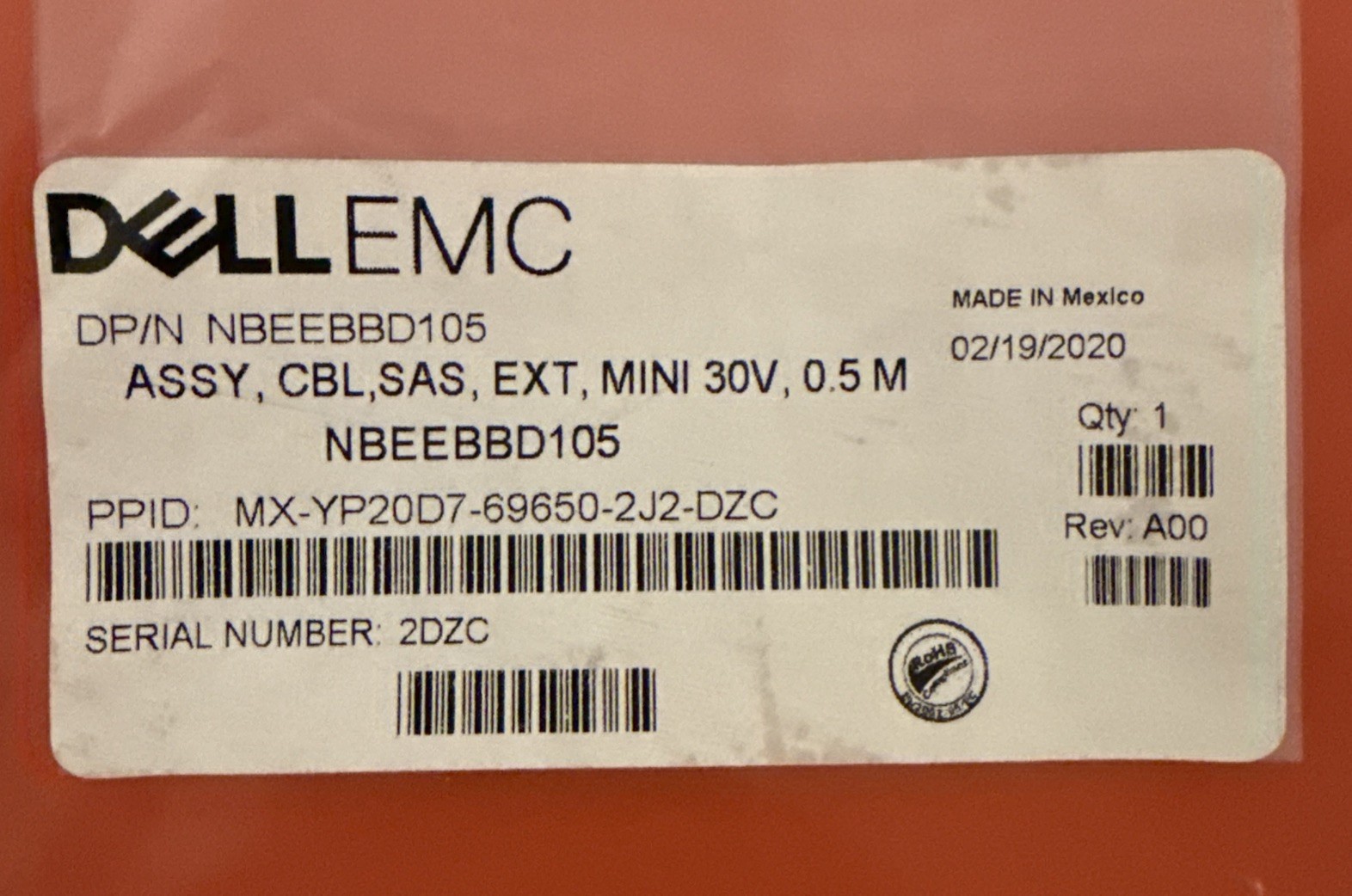 Dell EMC DAC-SFP-10G-  10GbE SFP+ Direct Attach Copper Cable.  DP/N 053HVN
