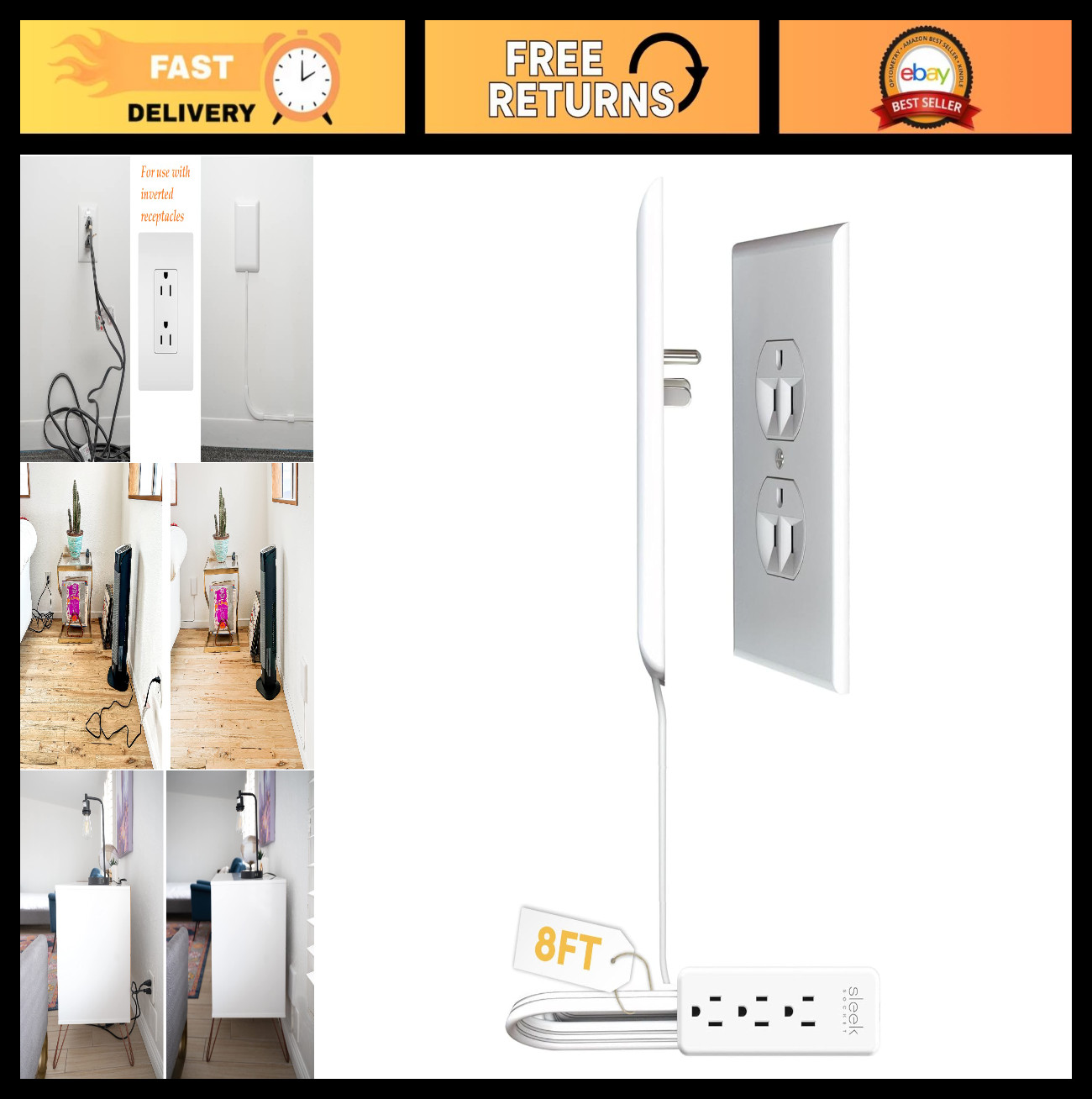 Ultra-Thin Outlet Concealer Kit, Flat Extension Cord Power Strip, Hide Messy Cor