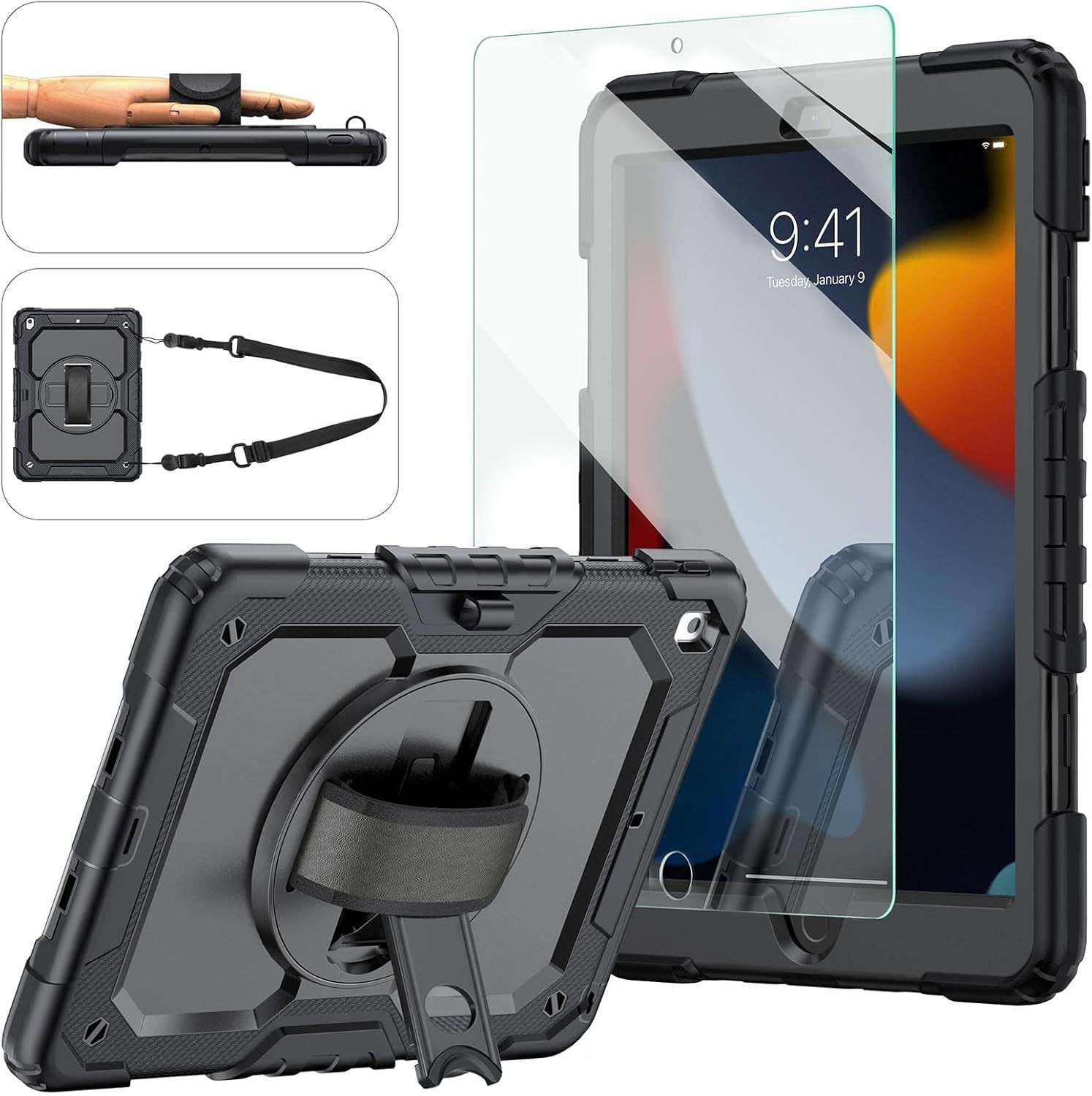 Funda iPad 10.2" 9ª/8ª/7ª gen con protector vidrio 360° soporte correa mano