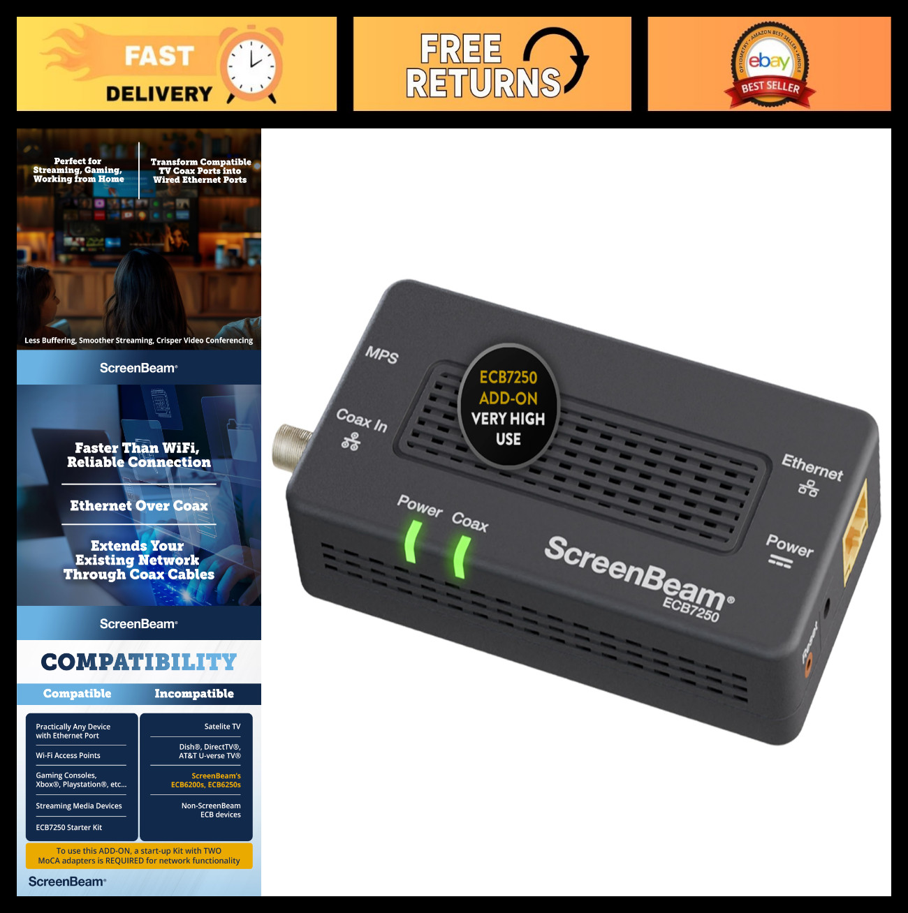 MoCA 2.5 Network Adapter - Fastest Bonded Coaxial Connection for Streaming & Gam