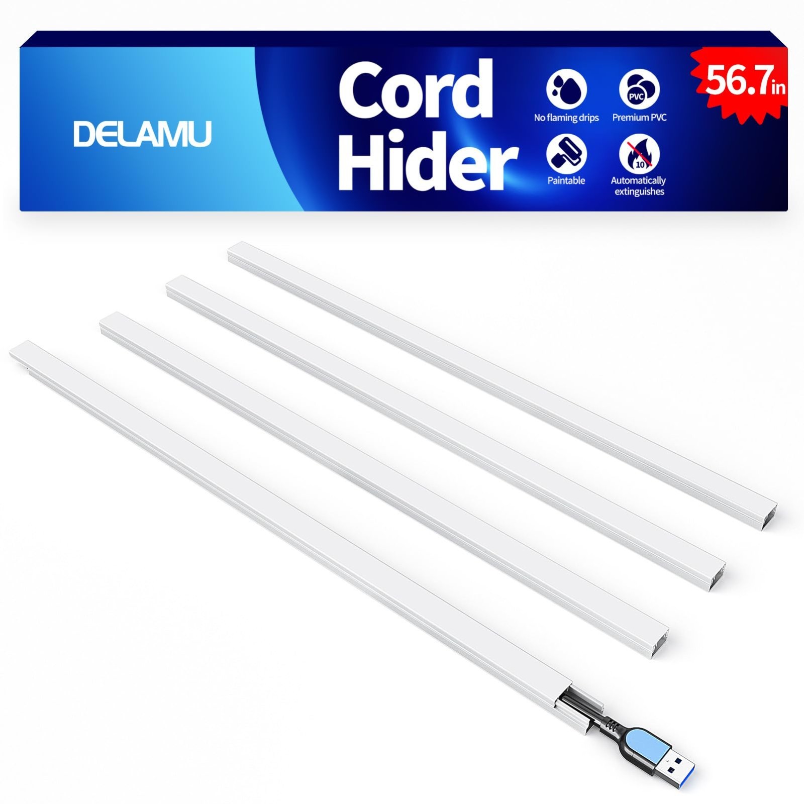 56.7in Cord Hider - Paintable Self-Adhesive Cable Covers for Wall Wire Managemen