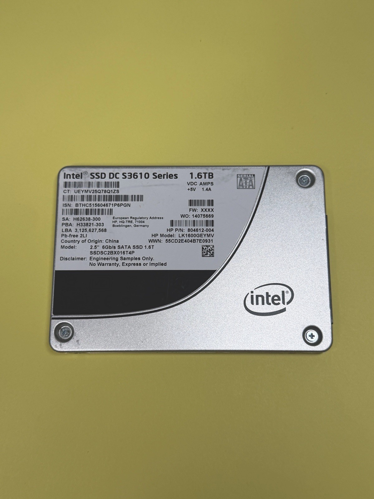 HP Intel SSD S3610 1.6TB SATA 2.5” Enterprise LK1600GEYMV 0 Hours Open Box ES