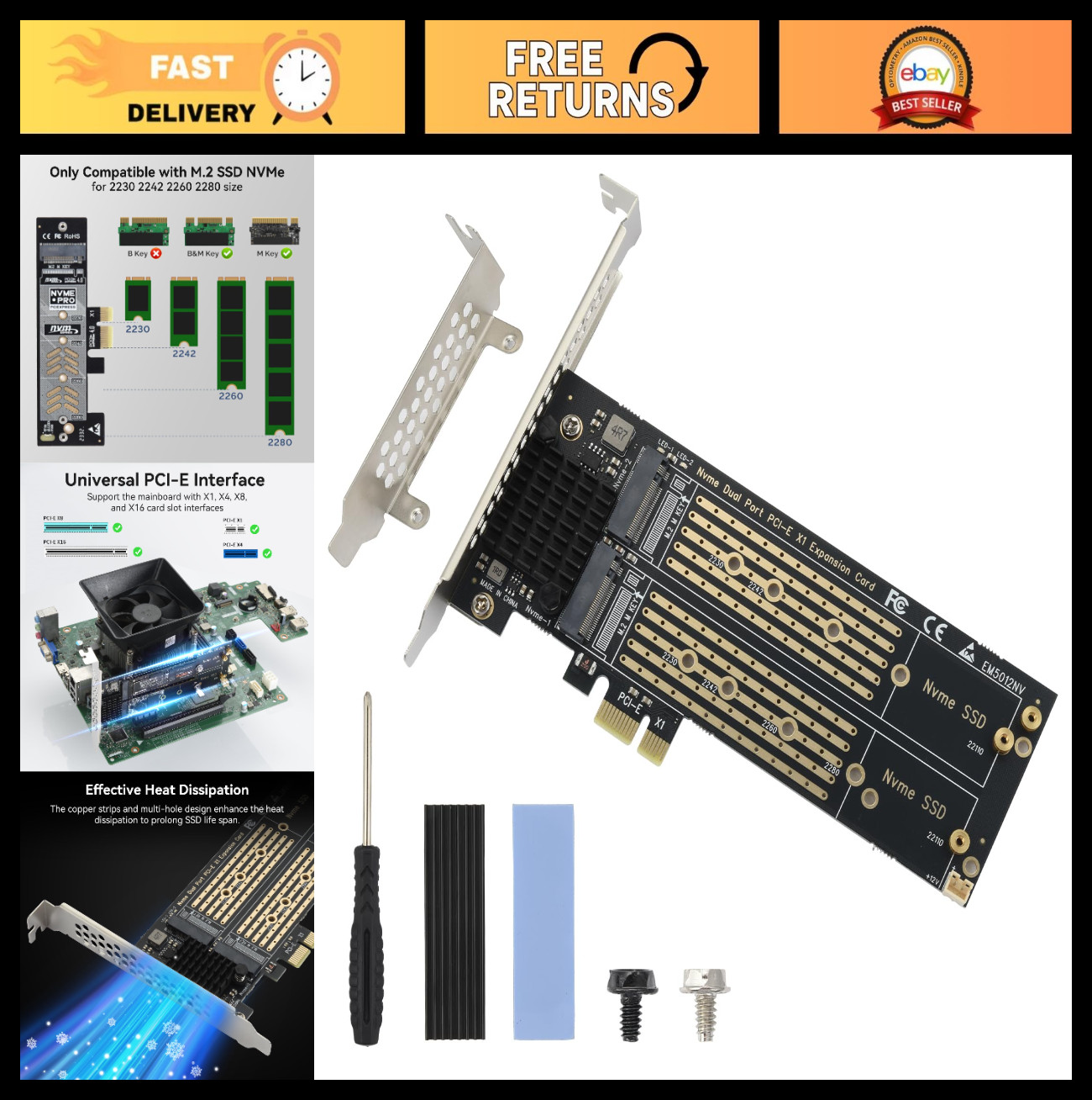 Dual M.2 NVMe to PCIe Adapter Card with Heat Sink - Supports M-Key B&M Key SSDs