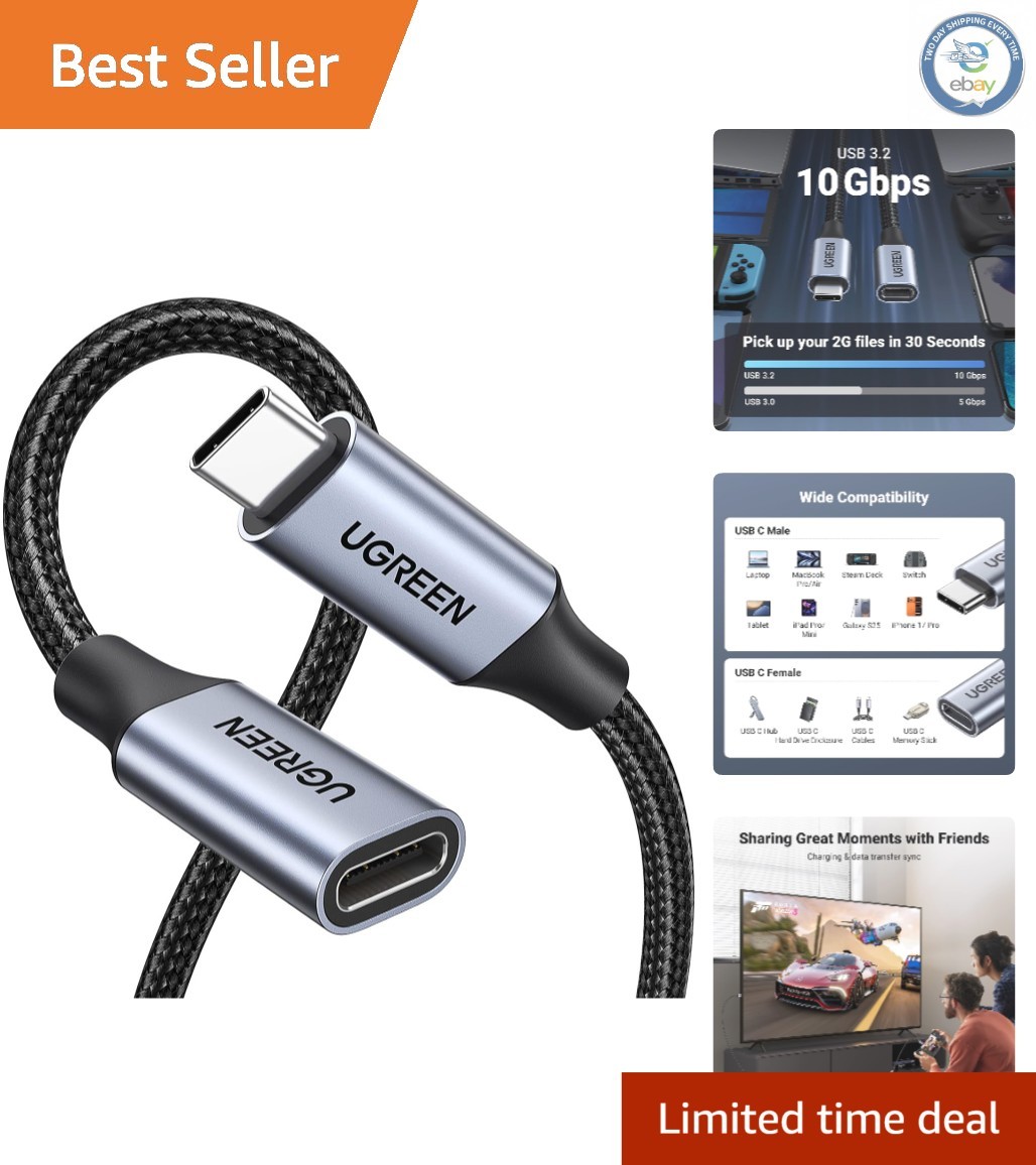 Durable 1.5Ft USB C Extension Cord - Fast 100W Charging & 10Gbps Transfer Rate