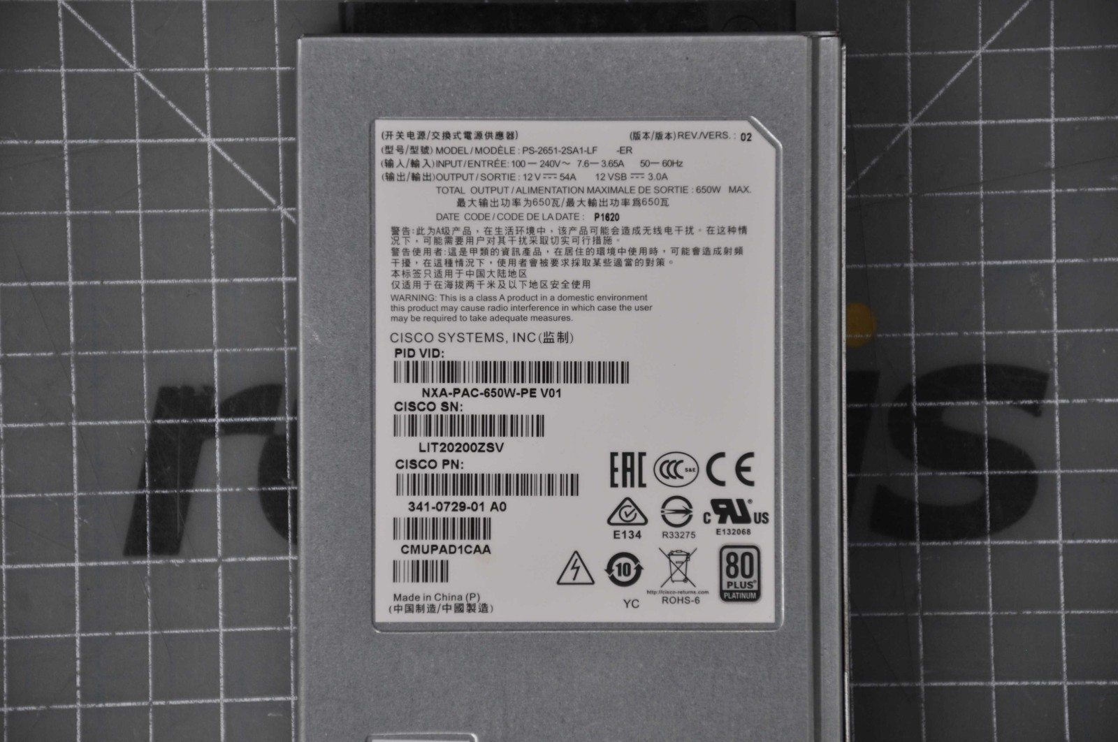 CISCO 100-240V 650W 80+ Platinum Power Supply used NXA-PAC-650W-PEV01