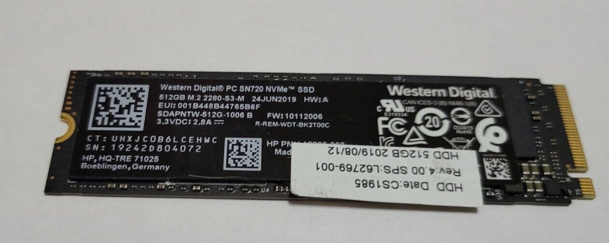 WD PC SN720 SSD 512GB M.2 2280 PCI-E 3.0 L62769-001 -  SDAPNTW-512G-1006 B USA