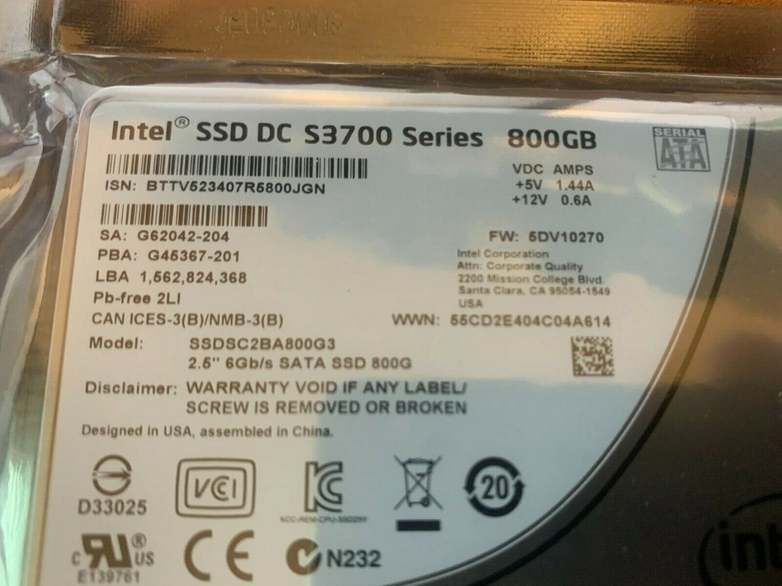 800GB S3700 Intel Series SSD 6Gbps SATA Enterprise Class SSD DC SSDSC2BA800G3