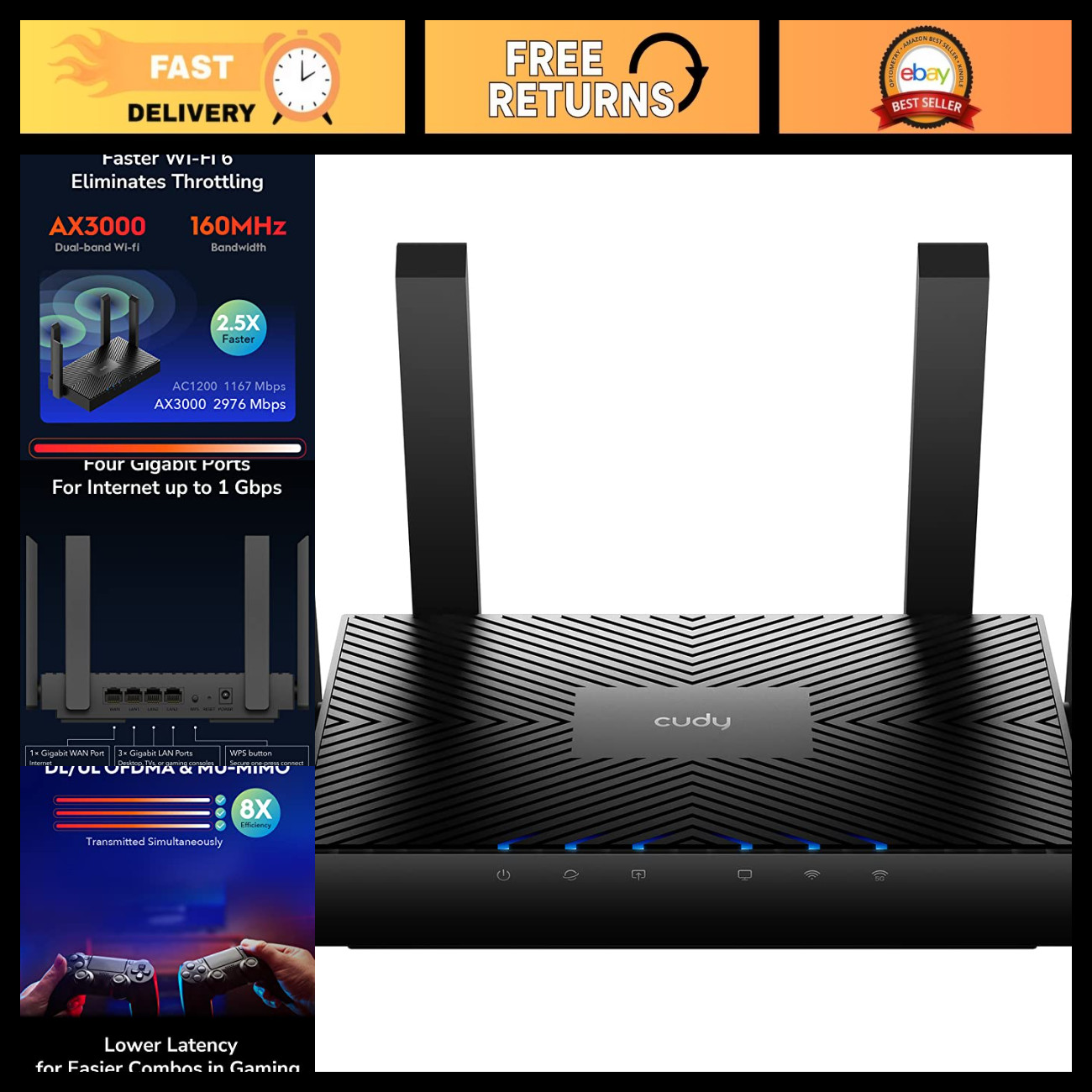 AX3000 Wi-Fi 6 Router, 4-Port Gigabit Mesh, 5-in-1 Modes, High-Speed Internet