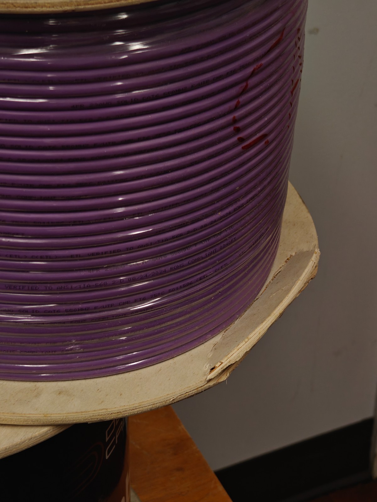 Cat 6 1000ft Solid Bare Copper Plenum 550 Mhz F/UTP Cable Purple (Reel Damaged)