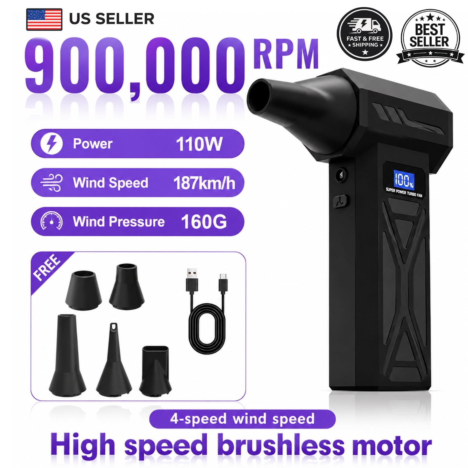 Cordless Air Duster P70 Turbo Jet Blower 900000RPM Brushless 4-Speed LED USB