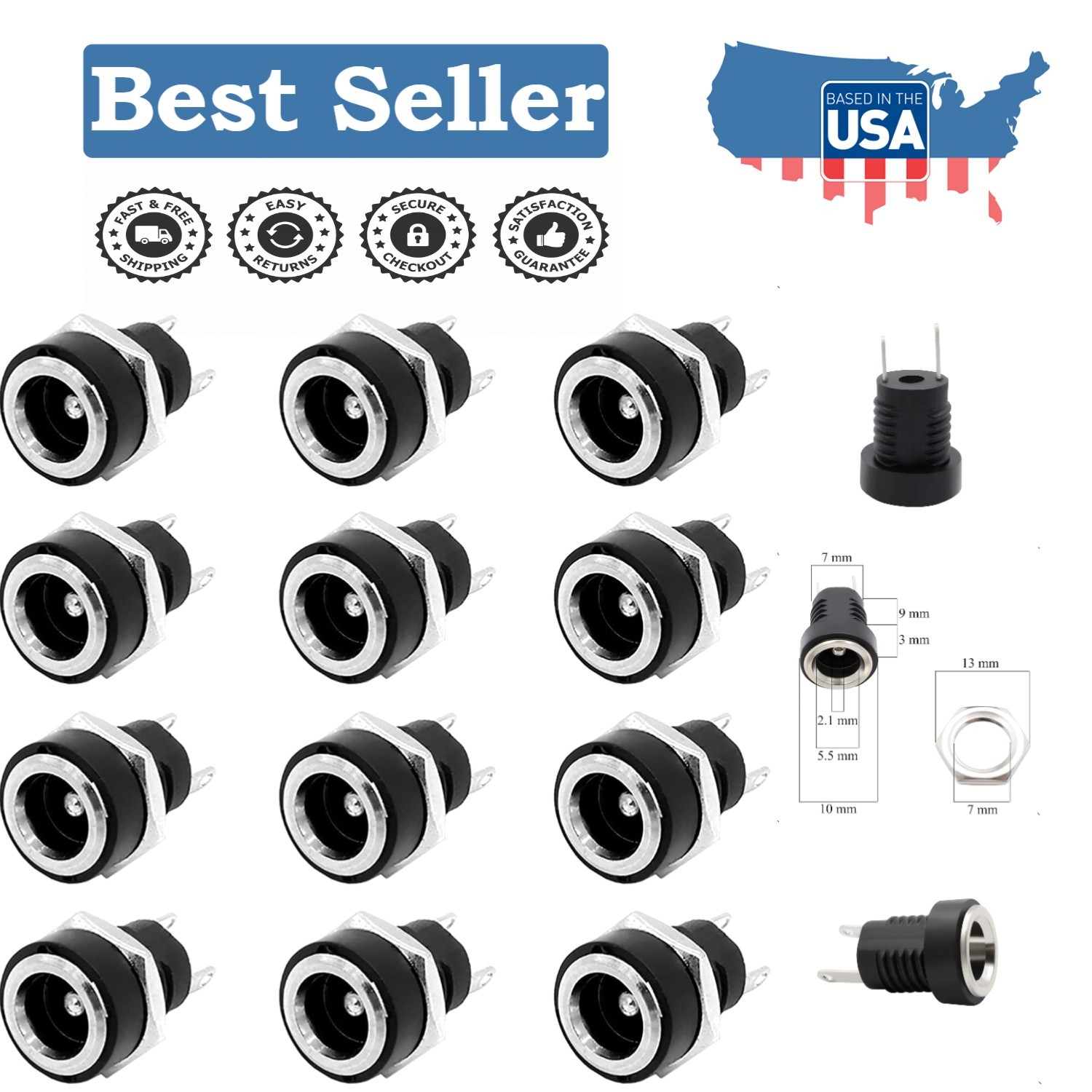 Durable 5.5mm x 2.1mm DC Power Jack with 12 Pack of Female Panel Mount Sockets