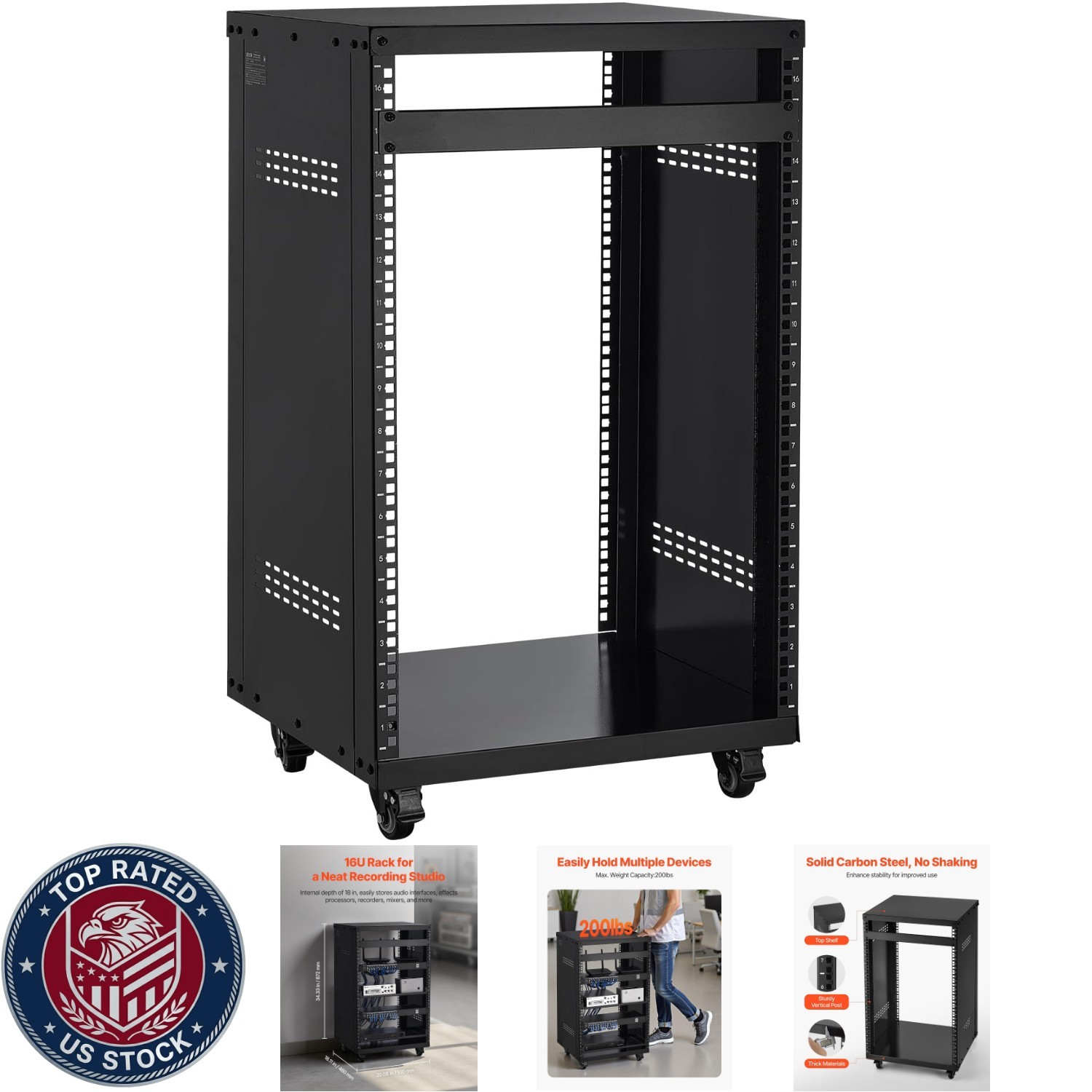 16U AV Rack, Recording Studio Rack Cabinet, Open Frame Server Rack With Locking
