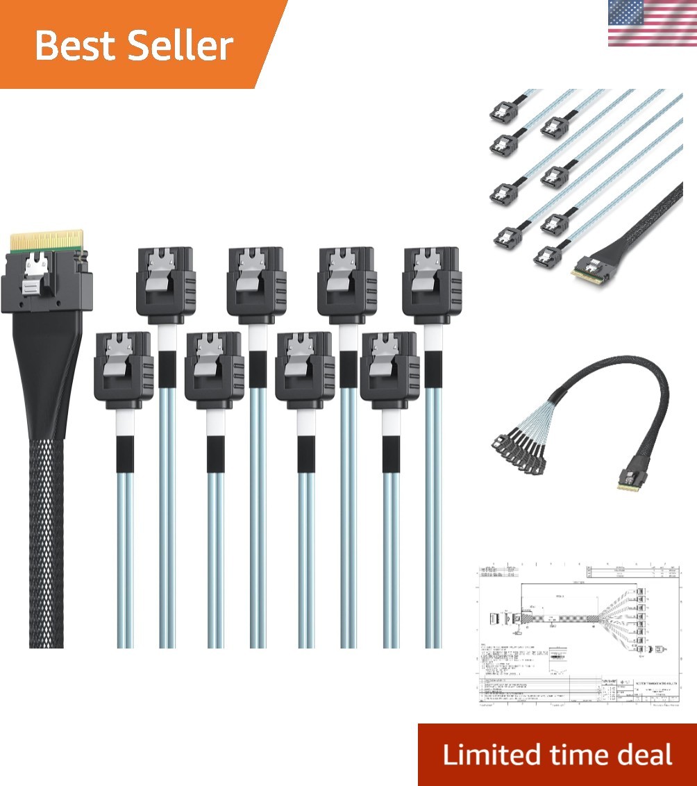 SlimSAS 8i to 8xSATA Cable, SFF-8654 Host/RAID to SATA Target, Suitable for S...