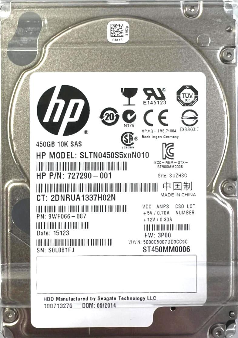 HP 450GB 10K SAS SLTN0450S5xnN010 ST450MM0006 697388-001 727290-001 702504-001