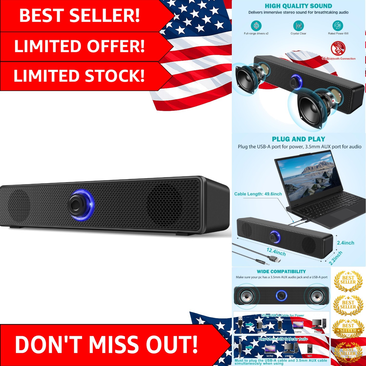 USB-A Powered Wired Speakers - Immersive Stereo Sound for Computers & Laptops