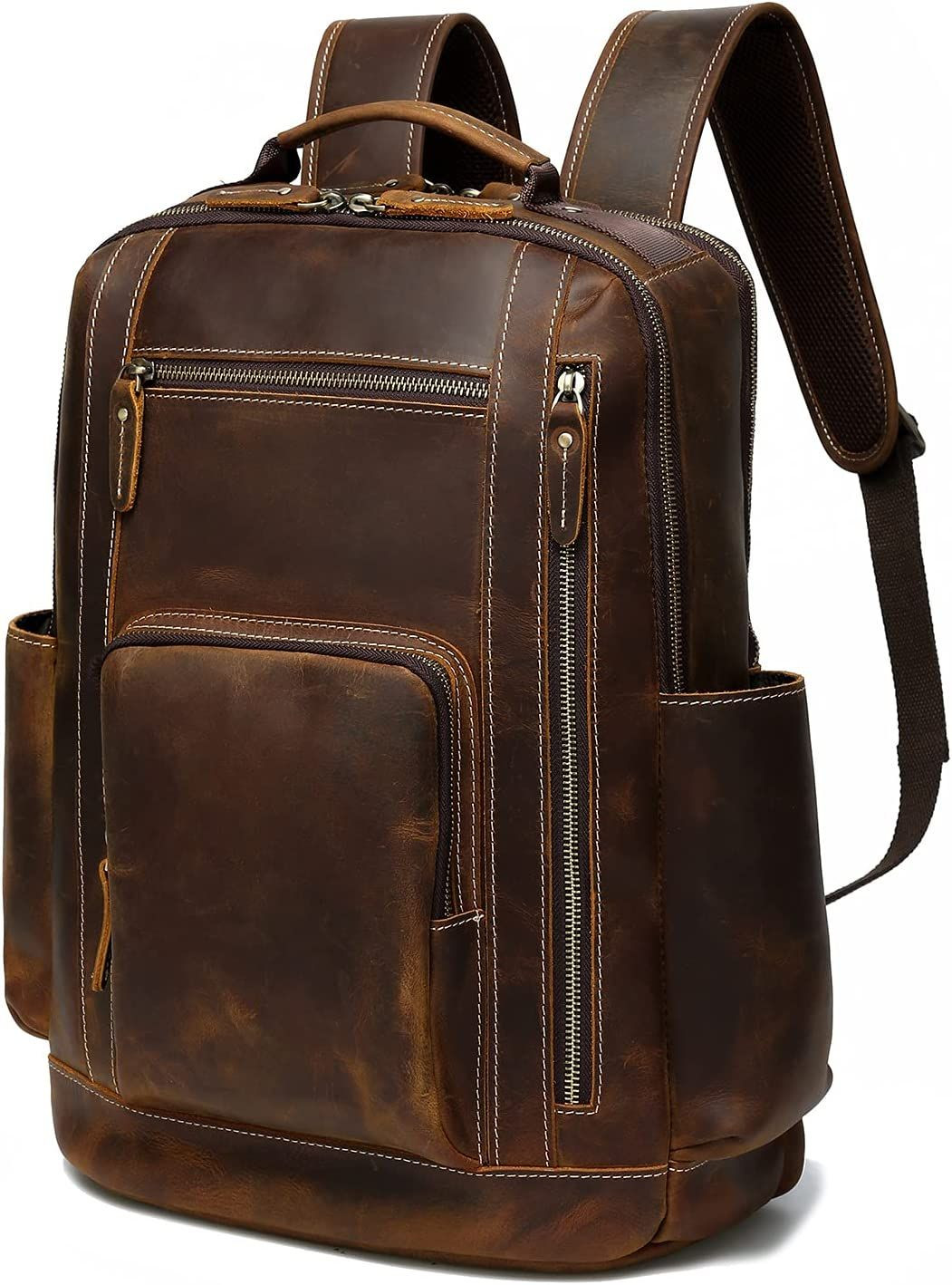 LANNSYNE Men's Vintage Full Grain Leather Backpack for 16" Laptop Brown 