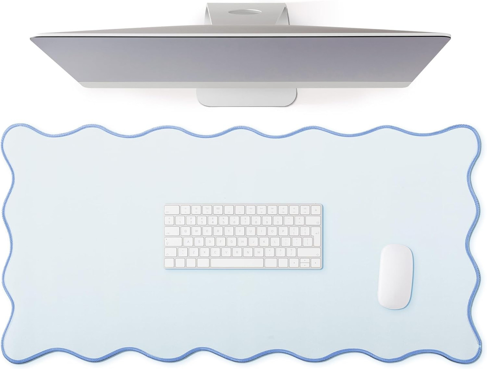 Blue scalloped desk mat large waterproof gaming pad with stitching non-slip