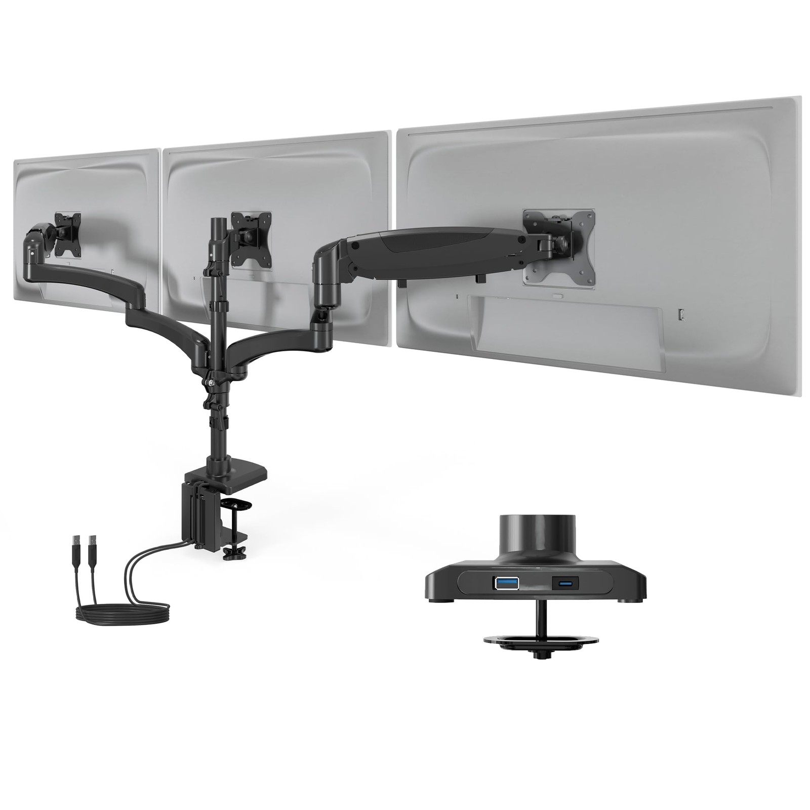 Mount-It Triple Monitor Desk Stand, USB-A & C, Black