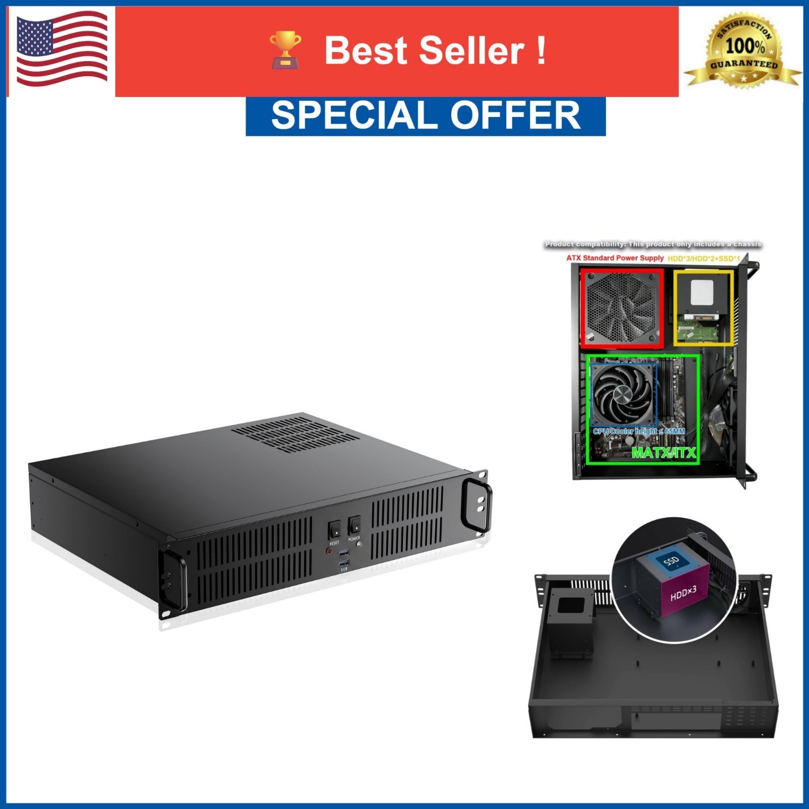 2U Server Chassis Rackmount Case Micro-ATX with SSD HDD Bays and 2x USB 3.0