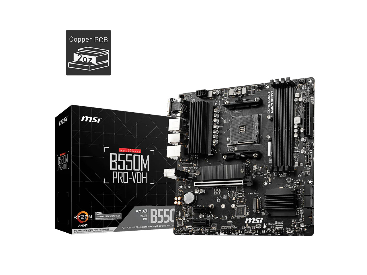 MSI B550M PRO-VDH Micro-ATX Motherboard - AMD AM4, Ryzen 5000/4000/3000 Ready,