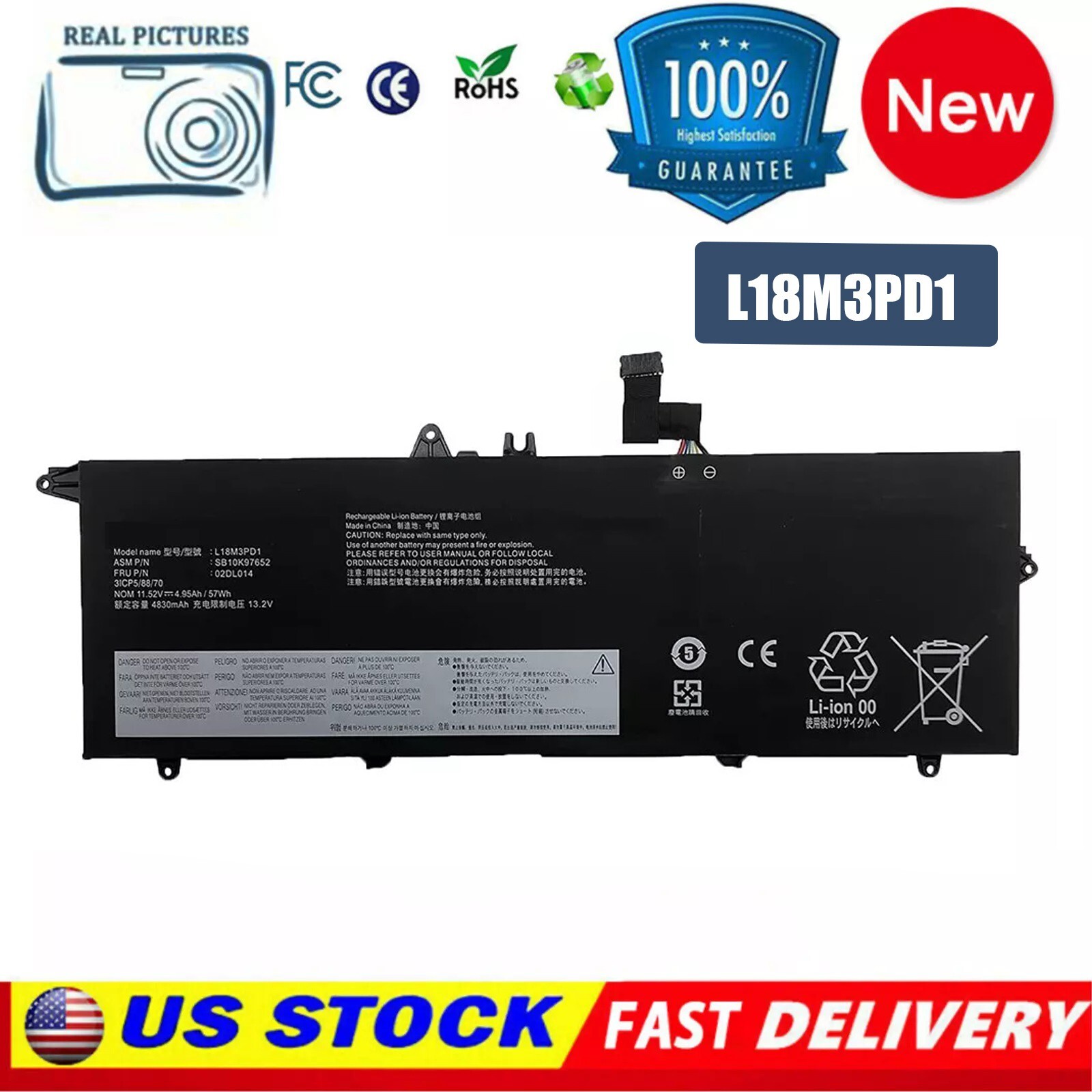 L18M3PD1 Battery For Lenovo ThinkPad T490S T950S T14S 1st Gen (2020) Series 57Wh