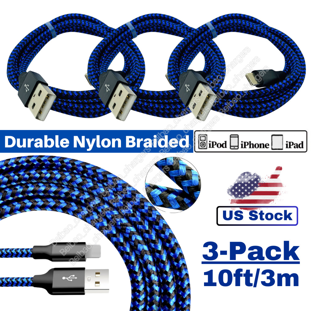 3Pack Braided Fast Charger Cable Heavy Duty USB Cord For iPhone 14 13 12 11 X XR