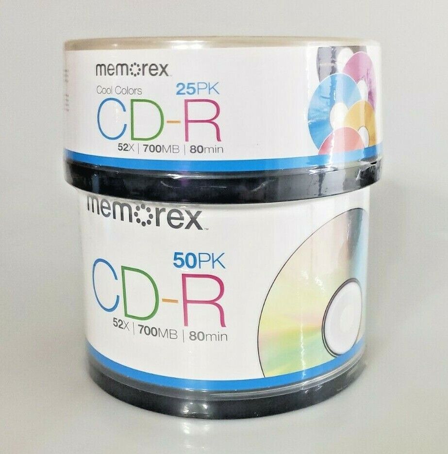 Memorex CD-R 50 Pack 52X, 700 MB, 80 Min + 25 Pack Cool Colors Bundle New Sealed