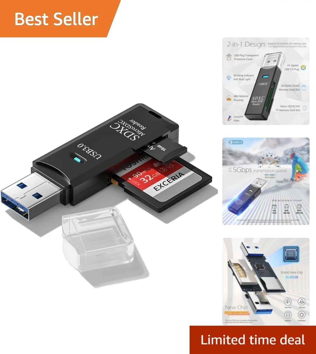Lightweight 5Gbps USB 3.0 Card Reader for SD & Micro SD - Portable Black Design