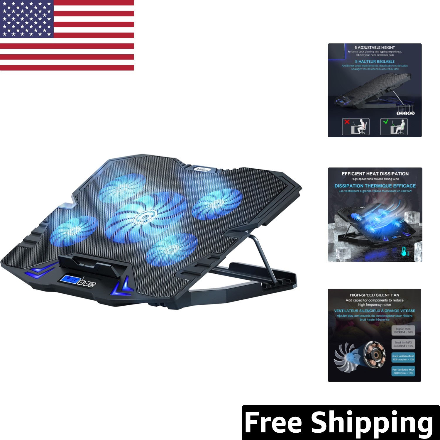 Ultimate Cooling Pad for Gaming Laptops - 5 Fans, LED Light & Ergonomic Design