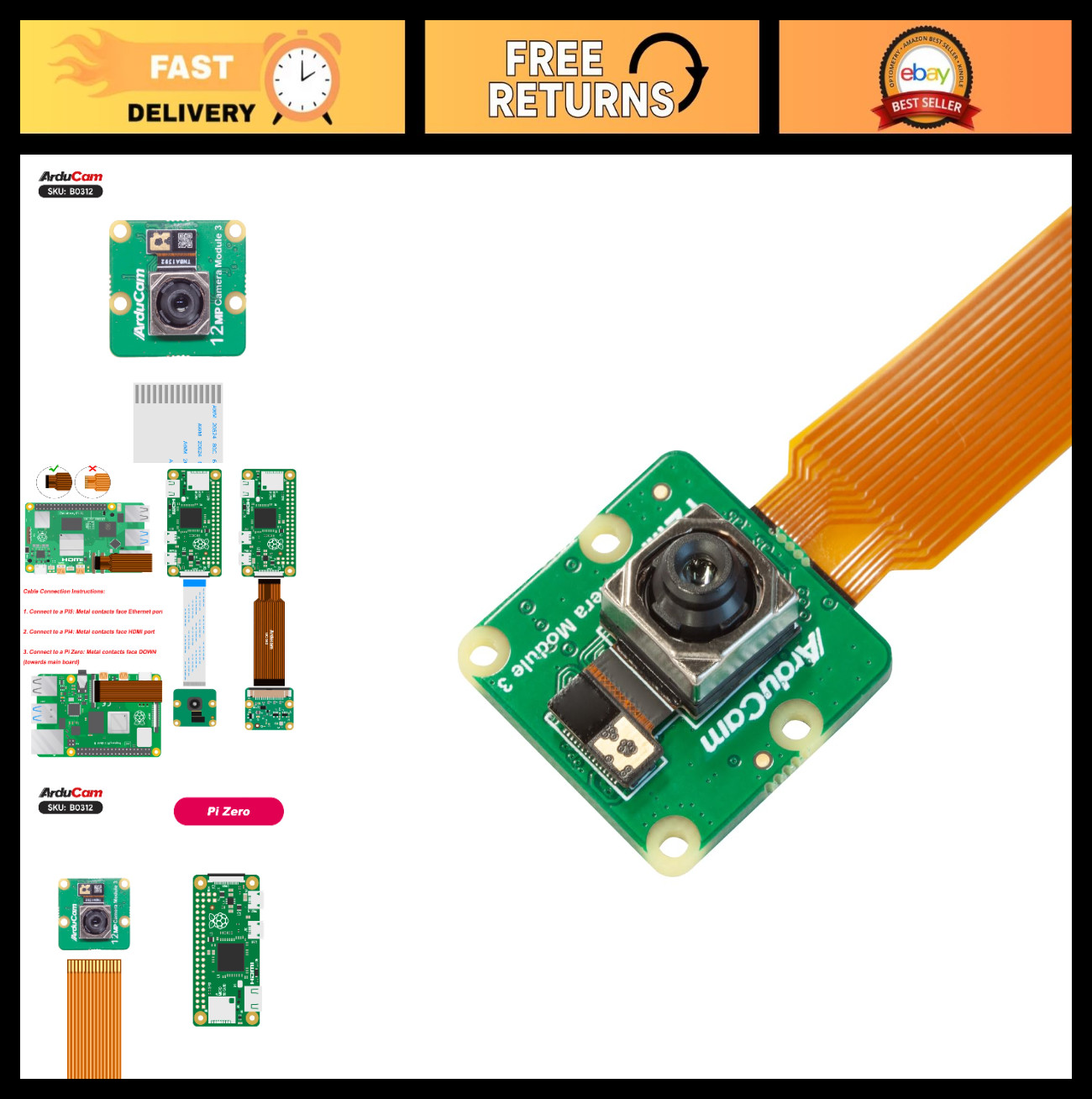 12MP IMX708 Autofocus Raspberry Pi Camera Module V3, 75° Wide Angle, FFC Cable