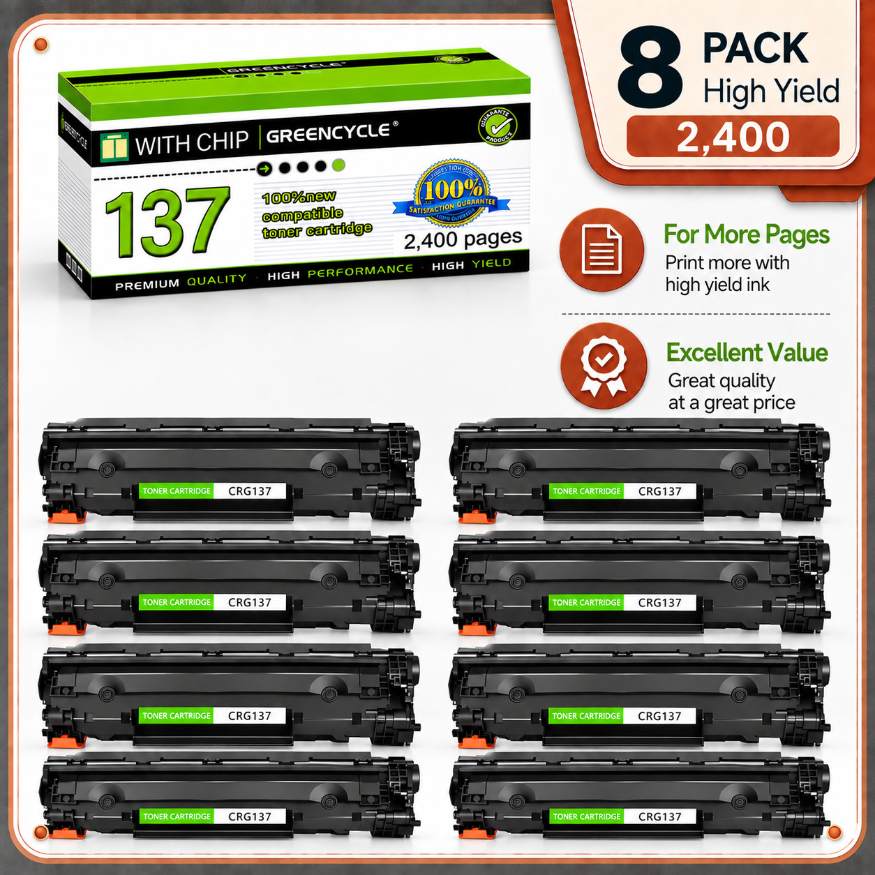 8PK CRG137 9435B001 BK Toner Cartridge for Canon 137 ImageClass MF227dw MF216n