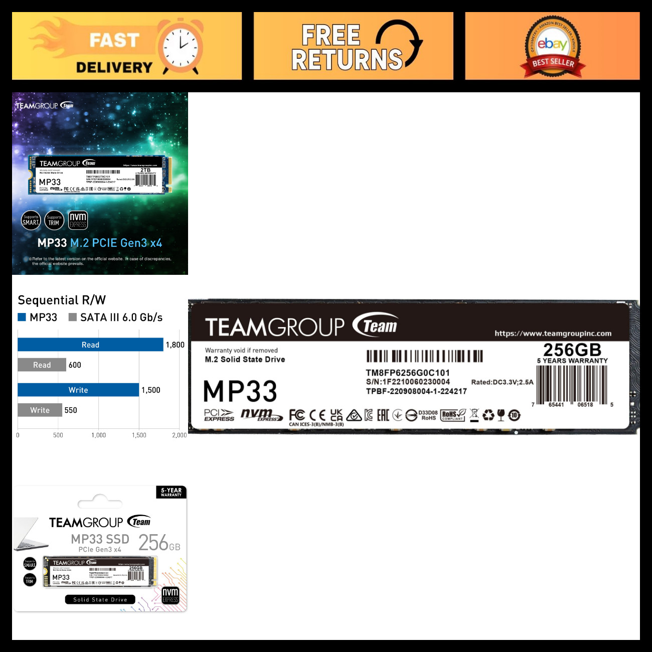 256GB NVMe M.2 2280 SSD, 3D NAND TLC, PCIe Gen3x4, 1600/1000 MB/s R/W Speed