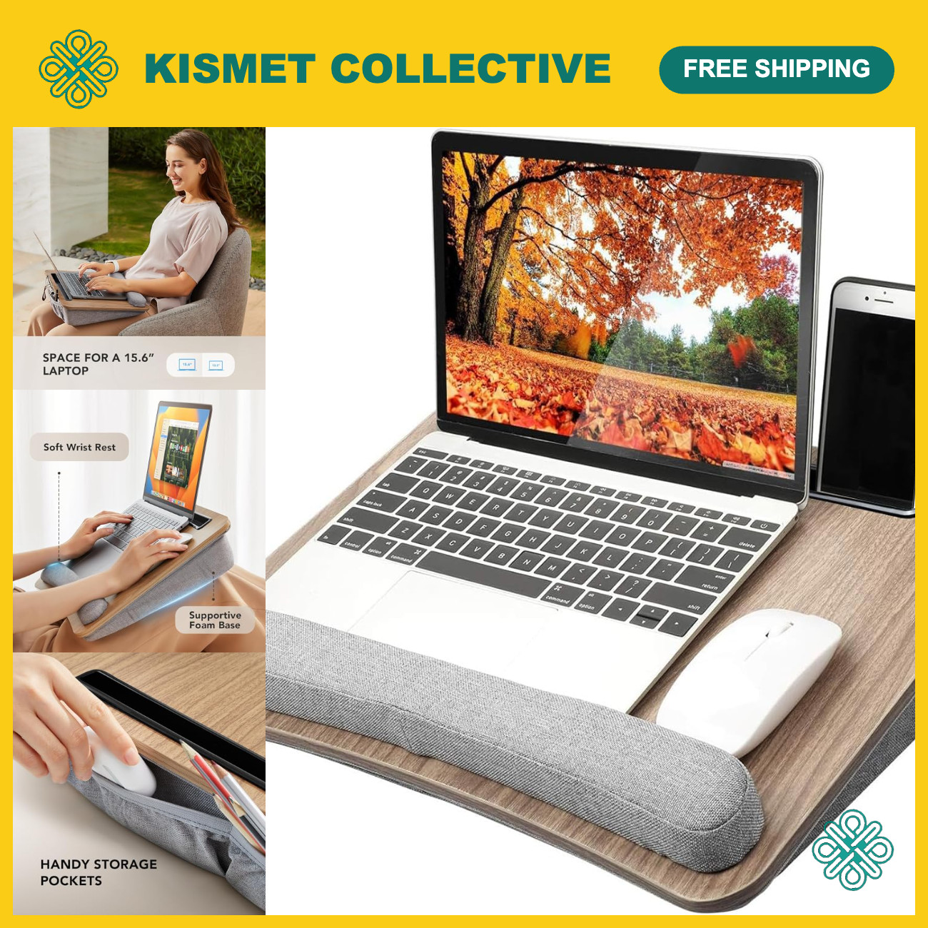 Laptop Lap Desk with Cushion for 15.6" Laptops, Portable Woodgrain Surface
