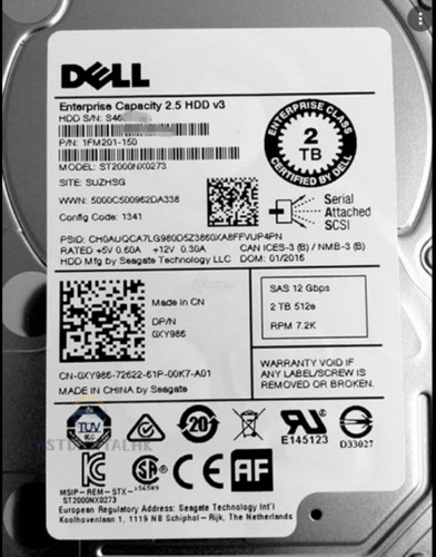 Dell XY986 0XY986 ST2000NX0273 2TB 7.2K SAS 12GB/s 128MB 2.5" Hard Drive New