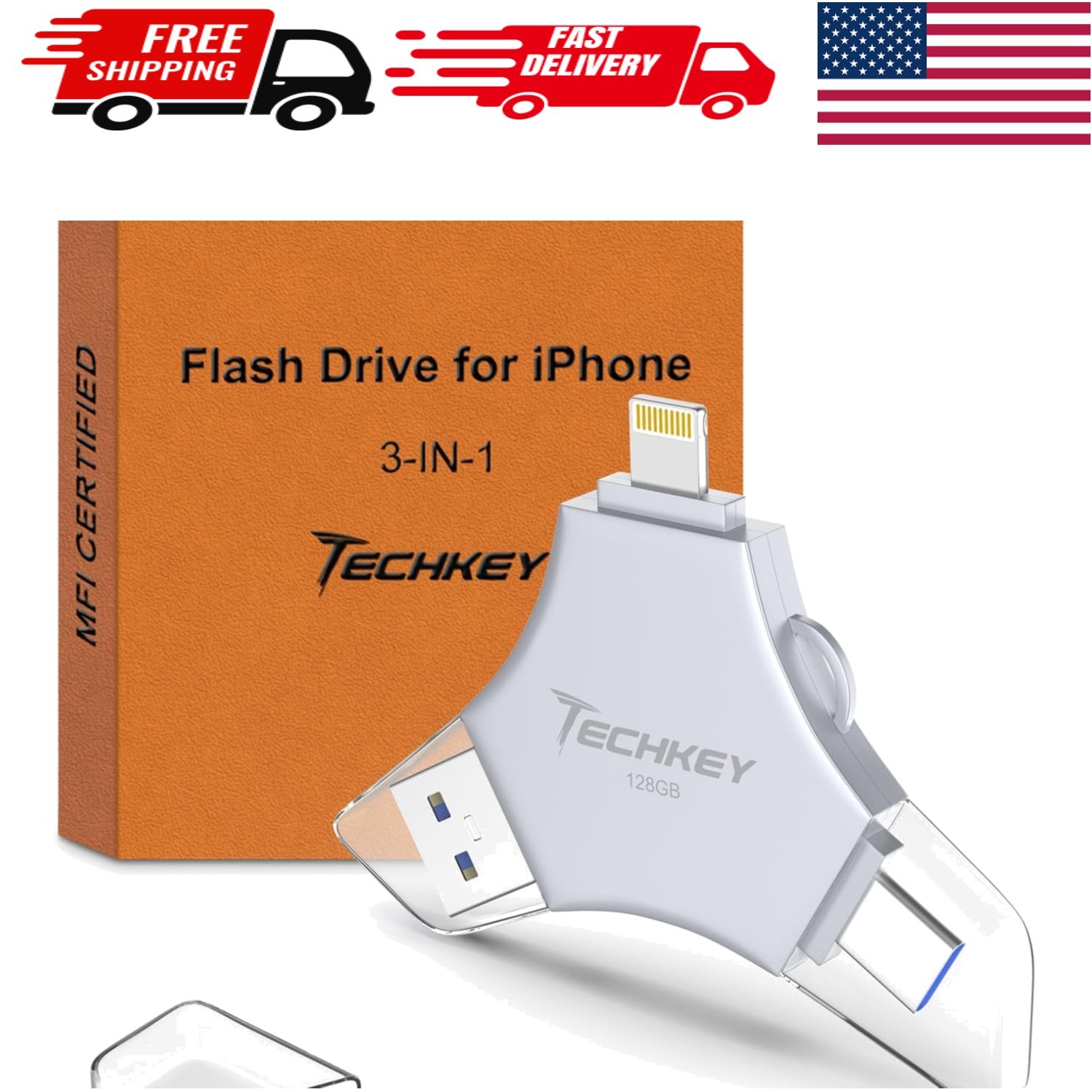 MFi Certified 128GB USB 3.0 Flash Drive - 3-in-1 Memory Keeper for All Devices