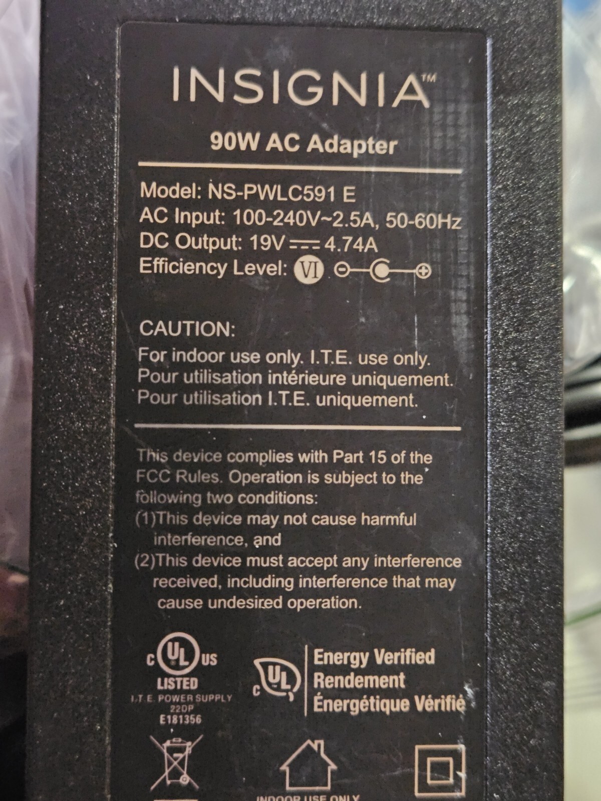 Insignia NS-PWLC591 E 90W AC Adapter 19V 4.74A Laptop Power Cord