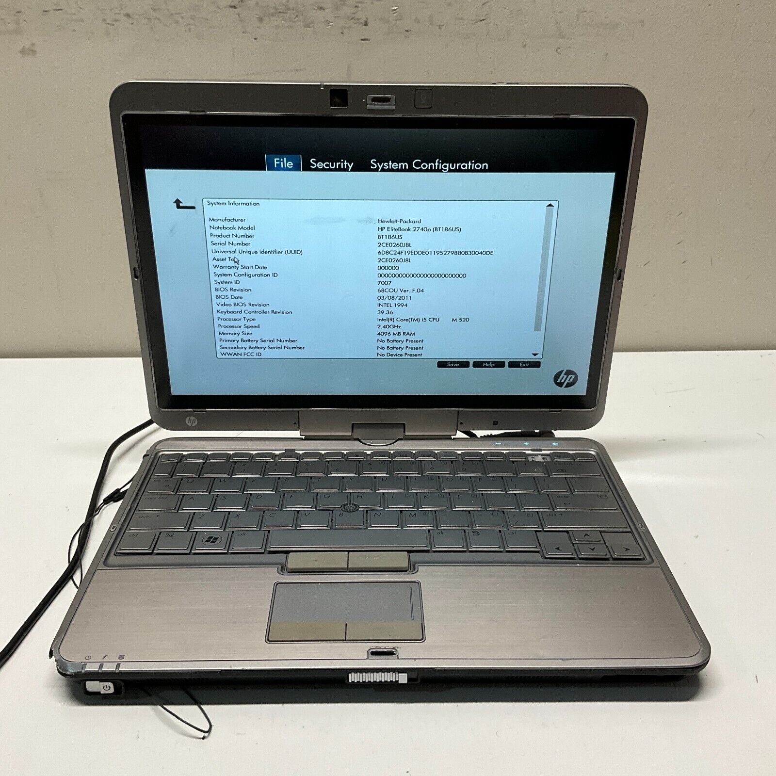 HP EliteBook 2740p Laptop PC Tablet - Core i5-M520 @ 2.40Ghz - NO HDD - BOOTS